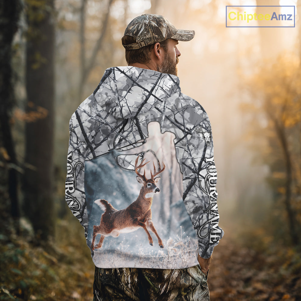 Beautiful Deer Hunting Shirt Camo Gray 3D Full Body Jumping Whitetail Deer Custom Name NHT94