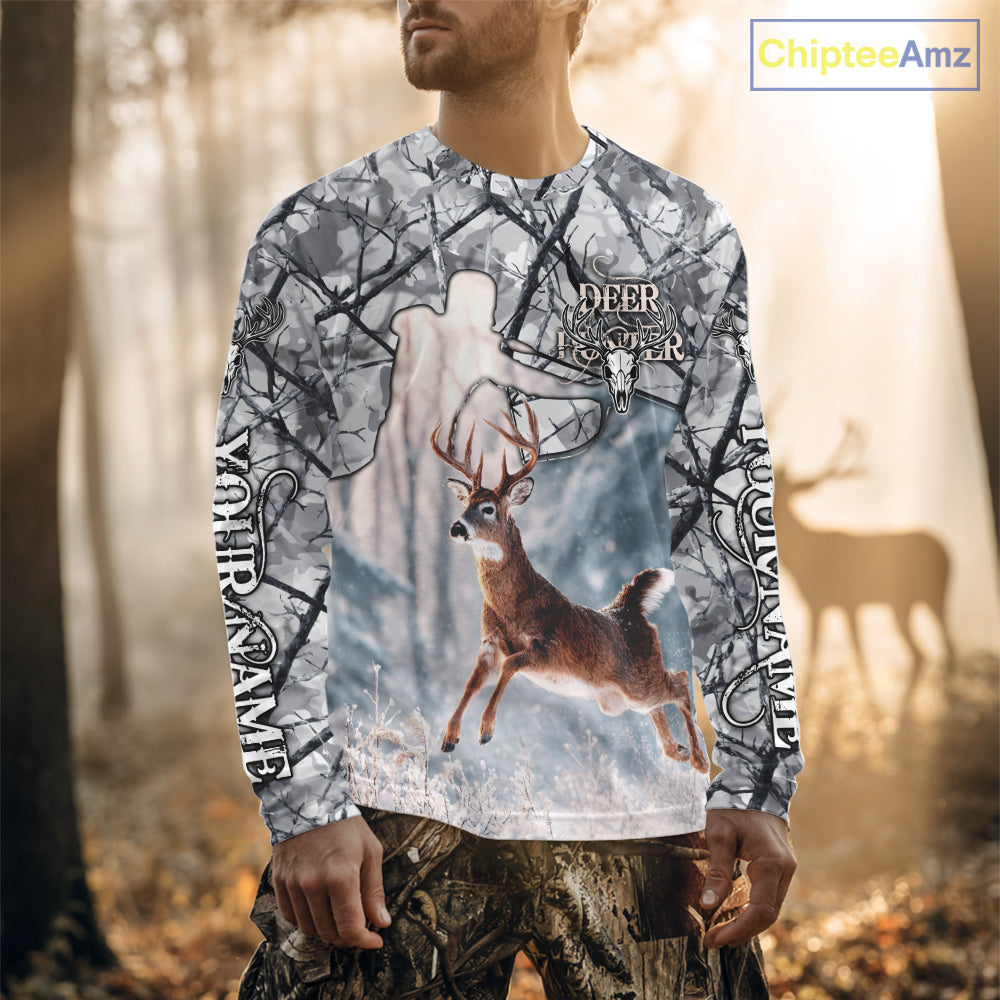 Beautiful Deer Hunting Shirt Camo Gray 3D Full Body Jumping Whitetail Deer Custom Name NHT94