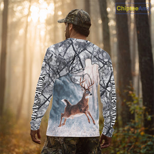 Beautiful Deer Hunting Shirt Camo Gray 3D Full Body Jumping Whitetail Deer Custom Name NHT94