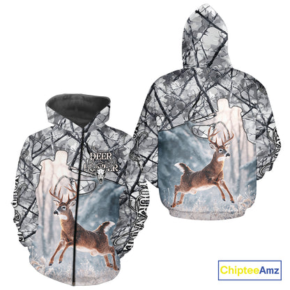 Beautiful Deer Hunting Shirt Camo Gray 3D Full Body Jumping Whitetail Deer Custom Name NHT94