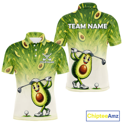 Avocado-themed golf shirt with cartoon avocado character and customizable text on a white background.
