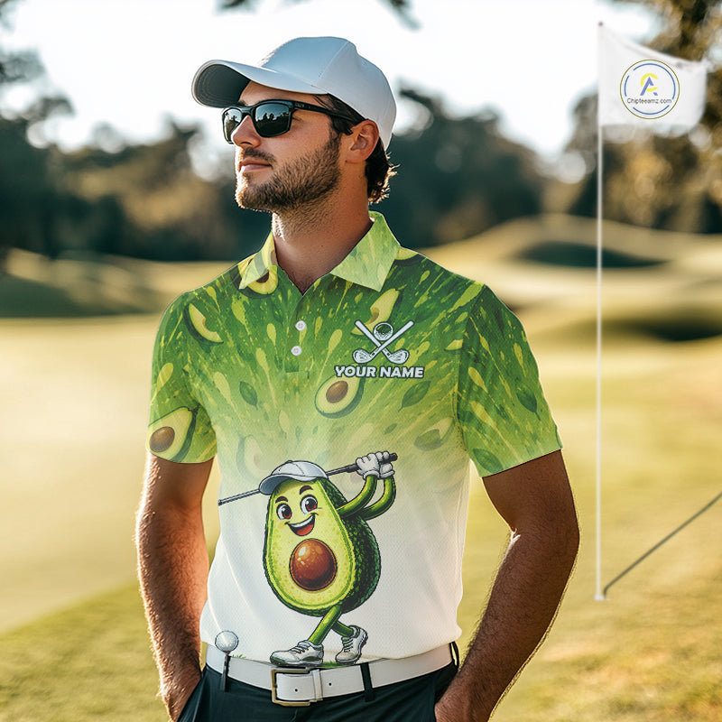 Man wearing a novelty avocado-themed golf shirt on a golf course