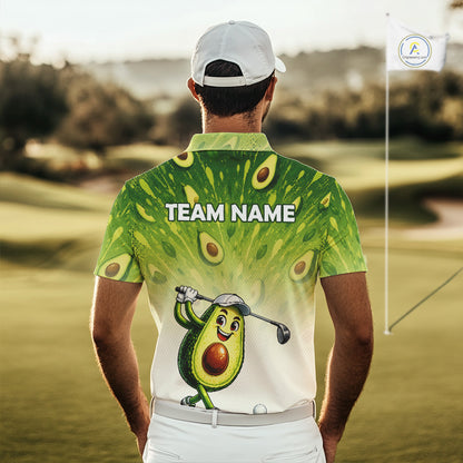 Person wearing a green and white polo shirt with avocado design and 'Team Name' text on a golf course.