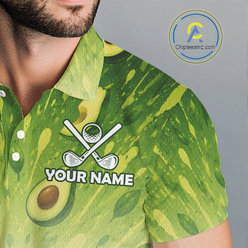 Green patterned shirt with golf design and 'Your Name' text, brand logo visible.