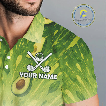 Green patterned shirt with golf design and 'Your Name' text, brand logo visible.
