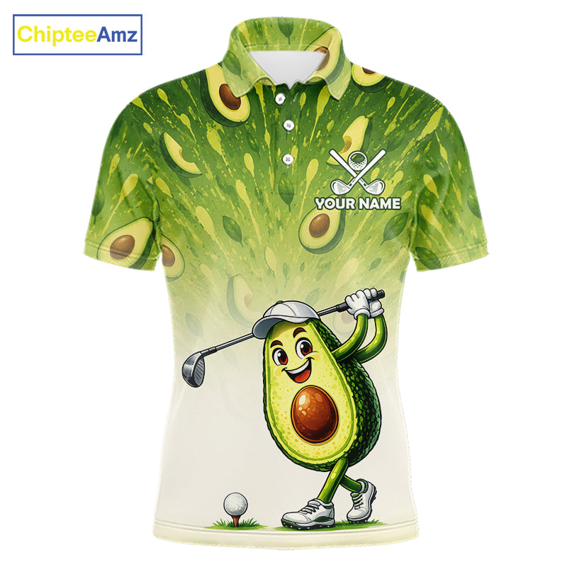 Avocado-themed golf shirt with cartoon avocado character holding a golf club on a white background.