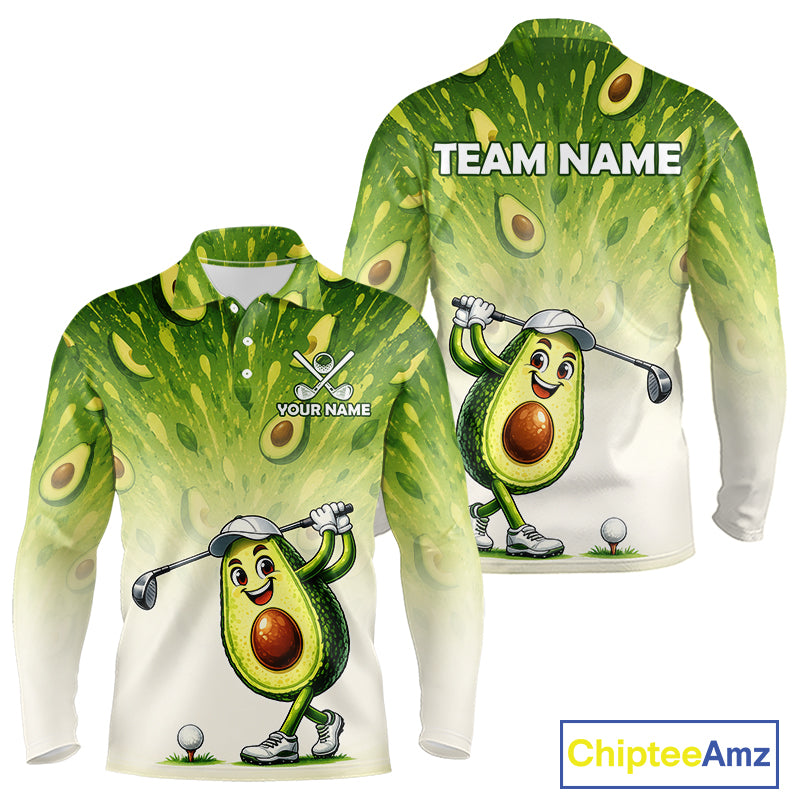 Avocado-themed golf shirt with cartoon avocado character and customizable text on a white background.