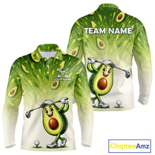 Load image into Gallery viewer, Avocado-themed golf shirt with cartoon avocado character and customizable text on a white background.