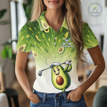 Load image into Gallery viewer, Person wearing a green and white polo shirt with an avocado design and text space.