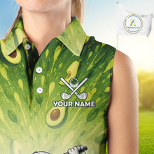 Load image into Gallery viewer, Person wearing a green golf-themed shirt with avocado design and 'Your Name' text on a blurred golf course background.