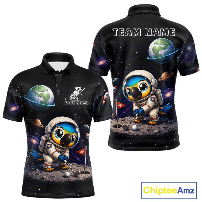 Mens golf polo shirt with astronaut parrot graphic, custom team name, sporty fit.