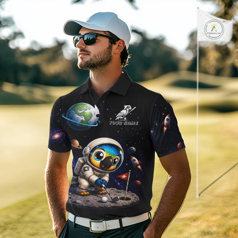 Close up of personalized astronaut parrot mens golf polo shirt, breathable polyester fabric, custom name area.