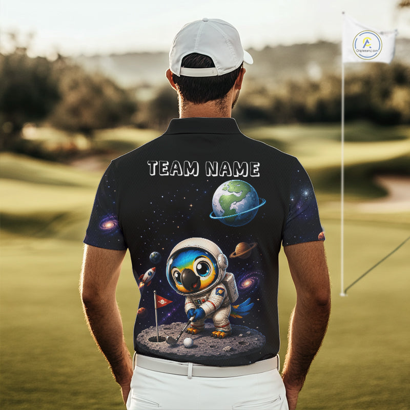 Close up of personalized astronaut parrot mens golf polo shirt, breathable polyester fabric, custom name area.