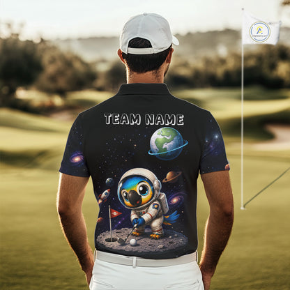 Close up of personalized astronaut parrot mens golf polo shirt, breathable polyester fabric, custom name area.