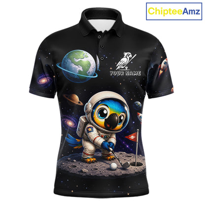 Personalized astronaut parrot mens golf polo shirt, cute space bird golf shirt, front view.