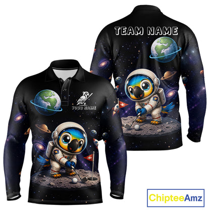 Cute space bird printed mens golf polo shirt, personalized astronaut parrot design, side view.