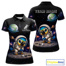 Load image into Gallery viewer, Personalized astronaut parrot womens golf polo shirt, cute space bird golf shirt, front view.