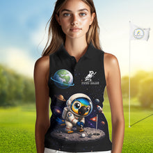 Load image into Gallery viewer, Womens sleeveless golf polo shirt with astronaut parrot graphic, personalized golf team name, cute space bird golf apparel.