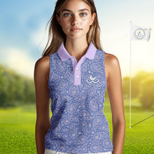 Load image into Gallery viewer, Custom Lavender Paisley Golf Polo For Women, Personalized Womens Sleeveless Golf Shirt With Name For Mother's Day NHT695