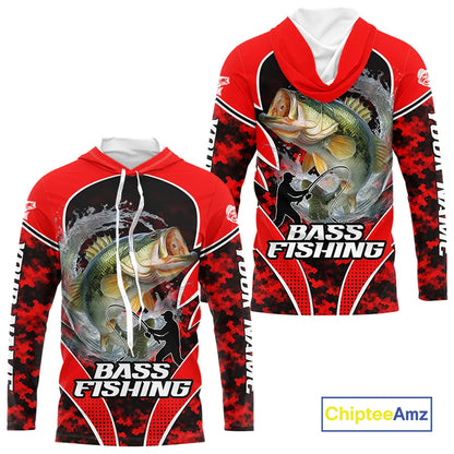 Personalized Bass Fishing Shirts Long Sleeve Hooded, UV Protection Shirt Customize Name Fishing | Red NHT394