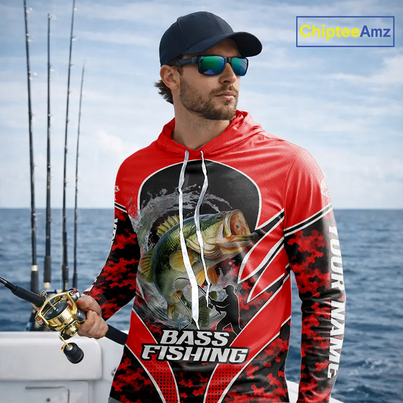 Personalized Bass Fishing Shirts Long Sleeve Hooded, UV Protection Shirt Customize Name Fishing | Red NHT394