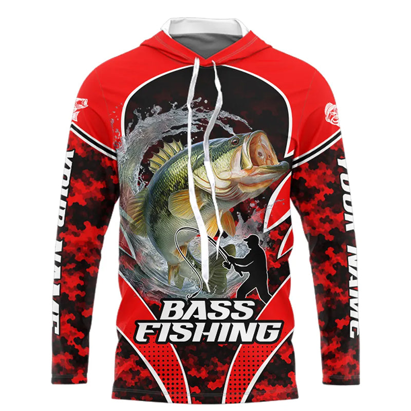 Personalized Bass Fishing Shirts Long Sleeve Hooded, UV Protection Shirt Customize Name Fishing | Red NHT394
