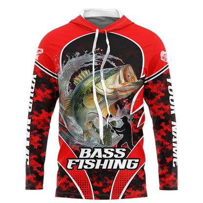 Personalized Bass Fishing Shirts Long Sleeve Hooded, UV Protection Shirt Customize Name Fishing | Red NHT394