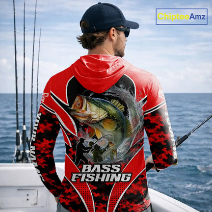 Personalized Bass Fishing Shirts Long Sleeve Hooded, UV Protection Shirt Customize Name Fishing | Red NHT394