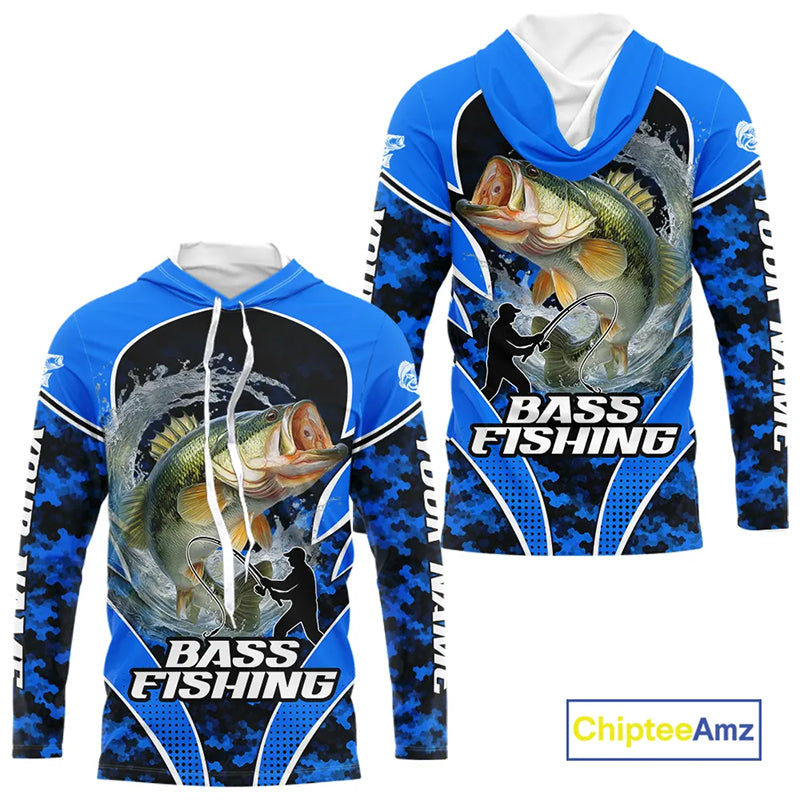 Personalized Bass Fishing Shirts Long Sleeve Hooded, UV Protection Shirt Customize Name Fishing | Blue NHT395