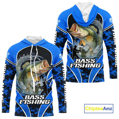 Personalized Bass Fishing Shirts Long Sleeve Hooded, UV Protection Shirt Customize Name Fishing | Blue NHT395