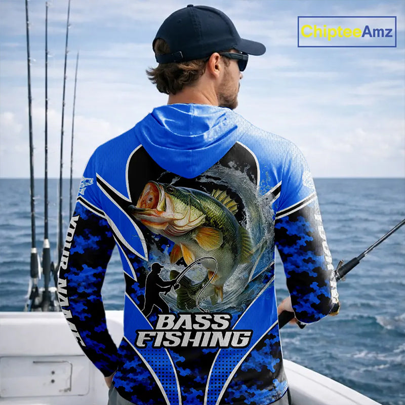 Personalized Bass Fishing Shirts Long Sleeve Hooded, UV Protection Shirt Customize Name Fishing | Blue NHT395