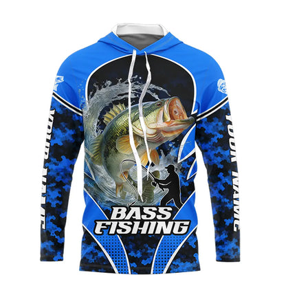 Personalized Bass Fishing Shirts Long Sleeve Hooded, UV Protection Shirt Customize Name Fishing | Blue NHT395