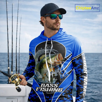 Personalized Bass Fishing Shirts Long Sleeve Hooded, UV Protection Shirt Customize Name Fishing | Blue NHT395