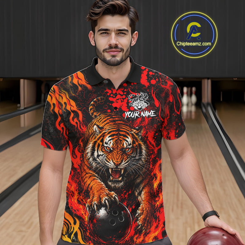 Tiger Bowling Polo Shirt Custom Name Team Quarter Zip Bowling Jersey For Men NHT1349