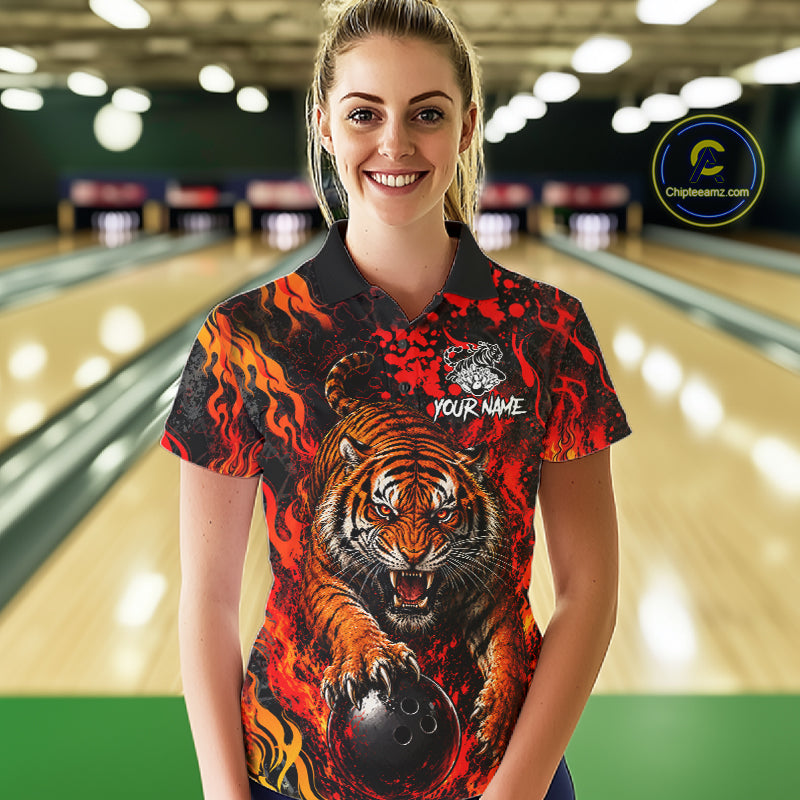 Tiger Bowling Polo Shirt Custom Name Team Quarter Zip Bowling Jersey For Women NHT1349