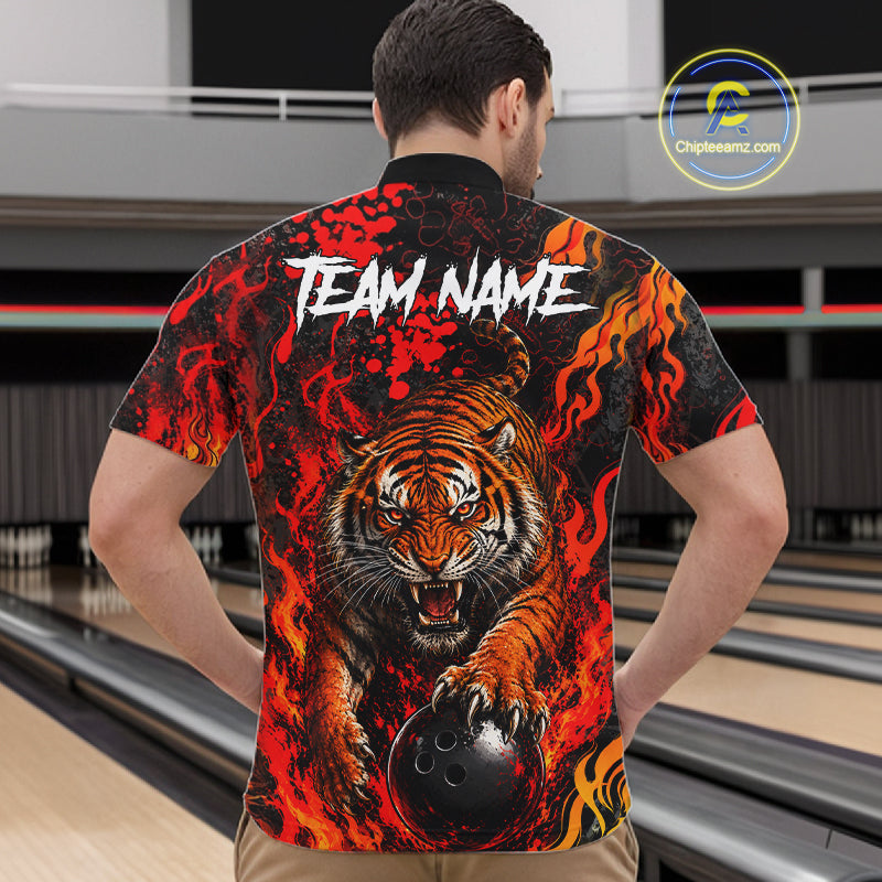 Tiger Bowling Polo Shirt Custom Name Team Quarter Zip Bowling Jersey For Men NHT1349