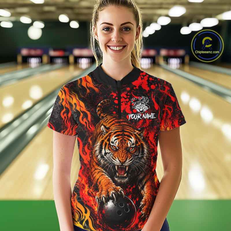 Tiger Bowling Polo Shirt Custom Name Team Quarter Zip Bowling Jersey For Women NHT1349