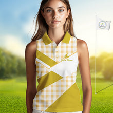 Load image into Gallery viewer, Custom Womens Sleeveless Yellow Gingham Plaid Golf Polo Shirts– Personalized Ladies Golf Apparel NHT717