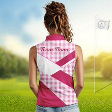 Load image into Gallery viewer, Custom Womens Sleeveless Pink Gingham Plaid Golf Polo Shirts– Personalized Ladies Golf Apparel NHT719