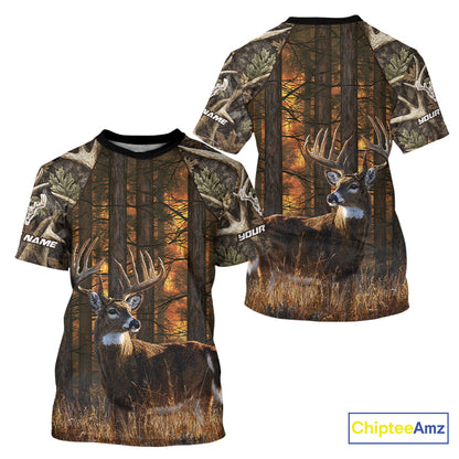 Whitetail Deer Hunting Custom Name All Over Print Shirts Big Buck Forest Camo Hunter Outdoor Gift NHT1365