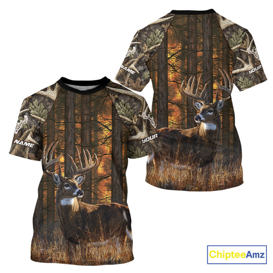 Whitetail Deer Hunting Custom Name All Over Print Shirts Big Buck Forest Camo Hunter Outdoor Gift NHT1365