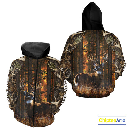 Whitetail Deer Hunting Custom Name All Over Print Shirts Big Buck Forest Camo Hunter Outdoor Gift NHT1365