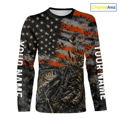 Hunting Fishing American Flag Whitetail Deer Largemouth Bass Outdoor Gift NHT1366