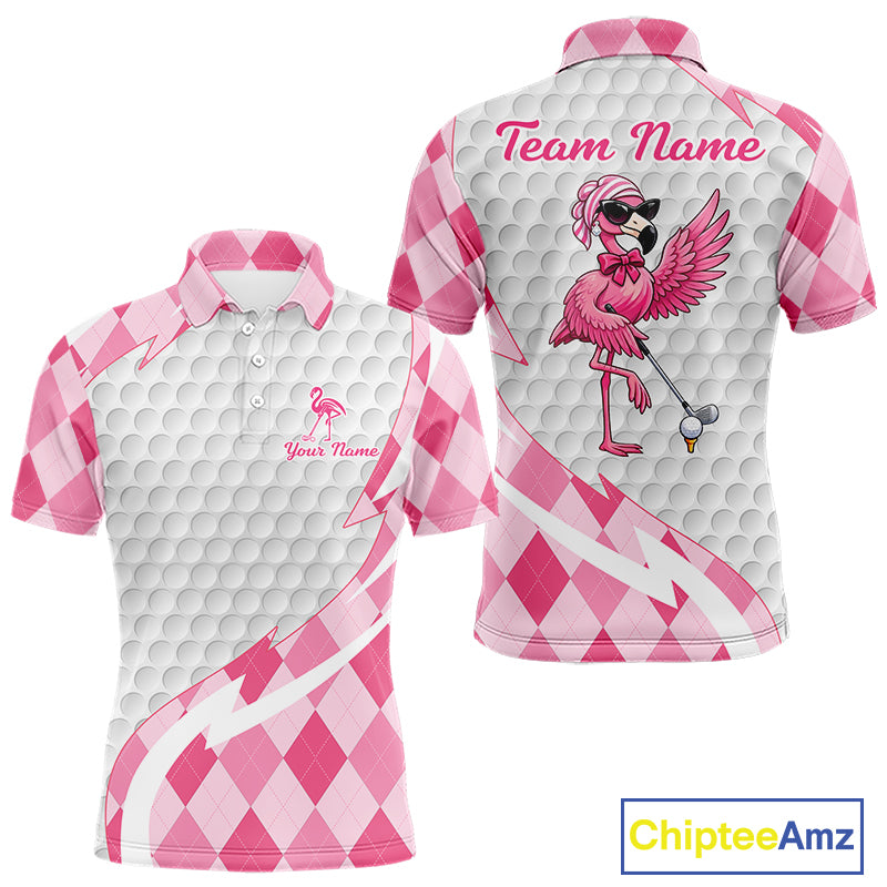 Pink Argyle Plaid Pattern Funny Flamingo Golf Wine Mens Golf Polos Shirt Custom Funny Golf Shirt For Ladies NHT738