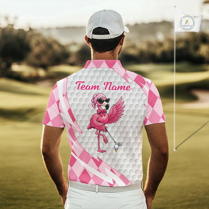 Pink Argyle Plaid Pattern Funny Flamingo Golf Wine Mens Golf Polos Shirt Custom Funny Golf Shirt For Ladies NHT738
