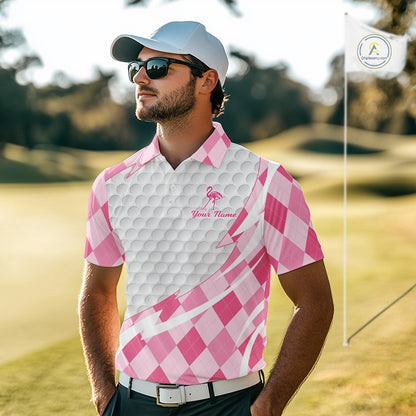 Pink Argyle Plaid Pattern Funny Flamingo Golf Wine Mens Golf Polos Shirt Custom Funny Golf Shirt For Ladies NHT738