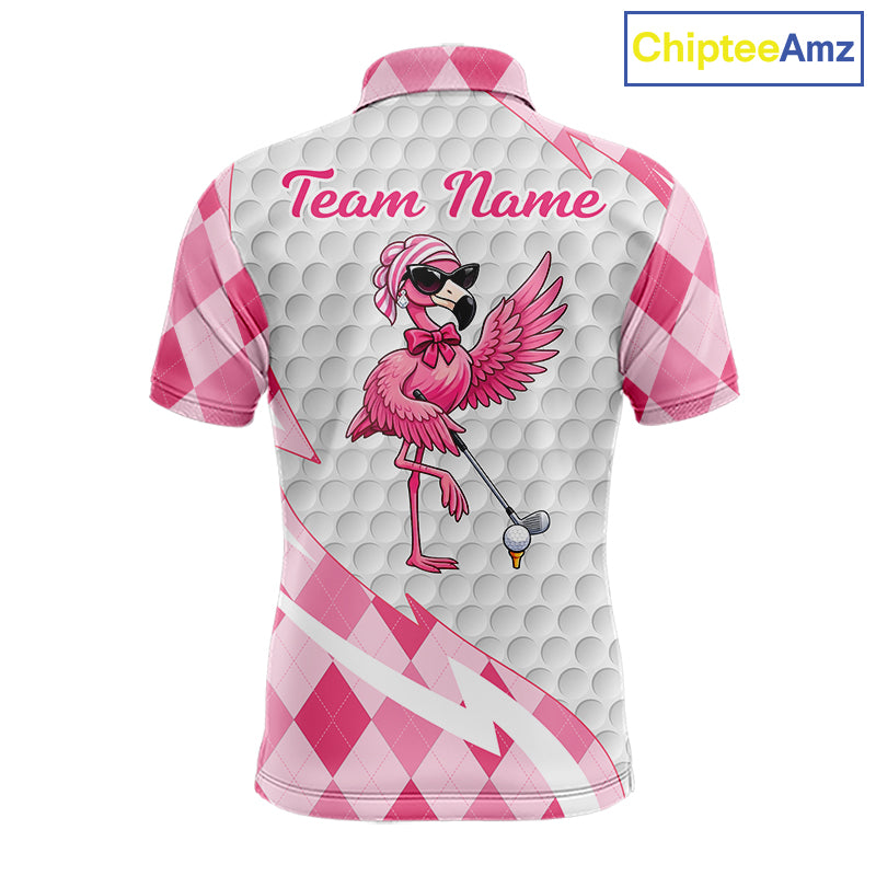 Pink Argyle Plaid Pattern Funny Flamingo Golf Wine Mens Golf Polos Shirt Custom Funny Golf Shirt For Ladies NHT738