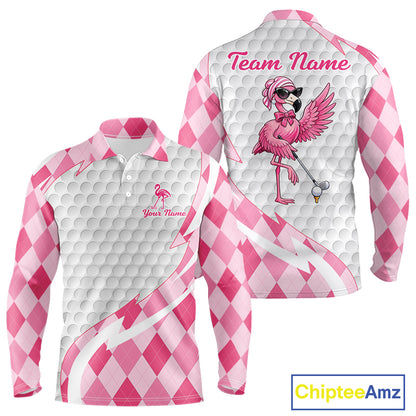 Pink Argyle Plaid Pattern Funny Flamingo Golf Wine Mens Golf Polos Shirt Custom Funny Golf Shirt For Ladies NHT738