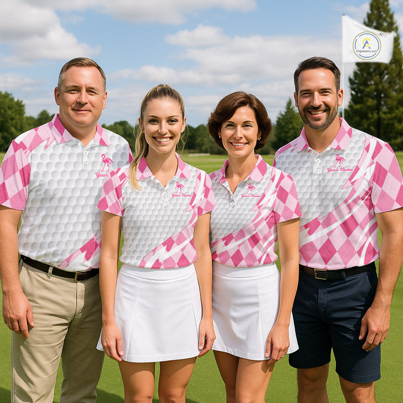Pink Argyle Plaid Pattern Funny Flamingo Golf Wine Mens Golf Polos Shirt Custom Funny Golf Shirt For Ladies NHT738