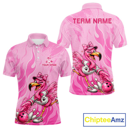 Custom pink flamingo polo shirt shown from both front and back views, featuring a flamingo bowling graphic, flame pattern, and customizable text fields 'YOUR NAME' and 'TEAM NAME'. A 'ChipteeAmz' logo is visible in the bottom right corner.
